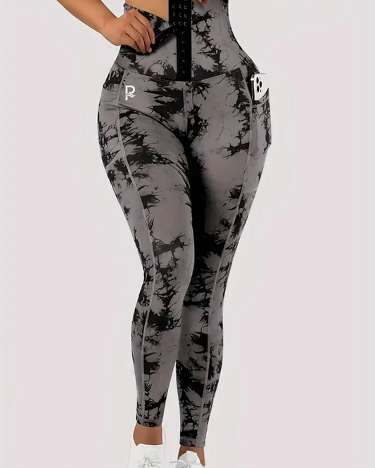 Women'S High-Waist Tie-Dye Print Waist Trainer with Butt Lifting Pockets and Front Buttons